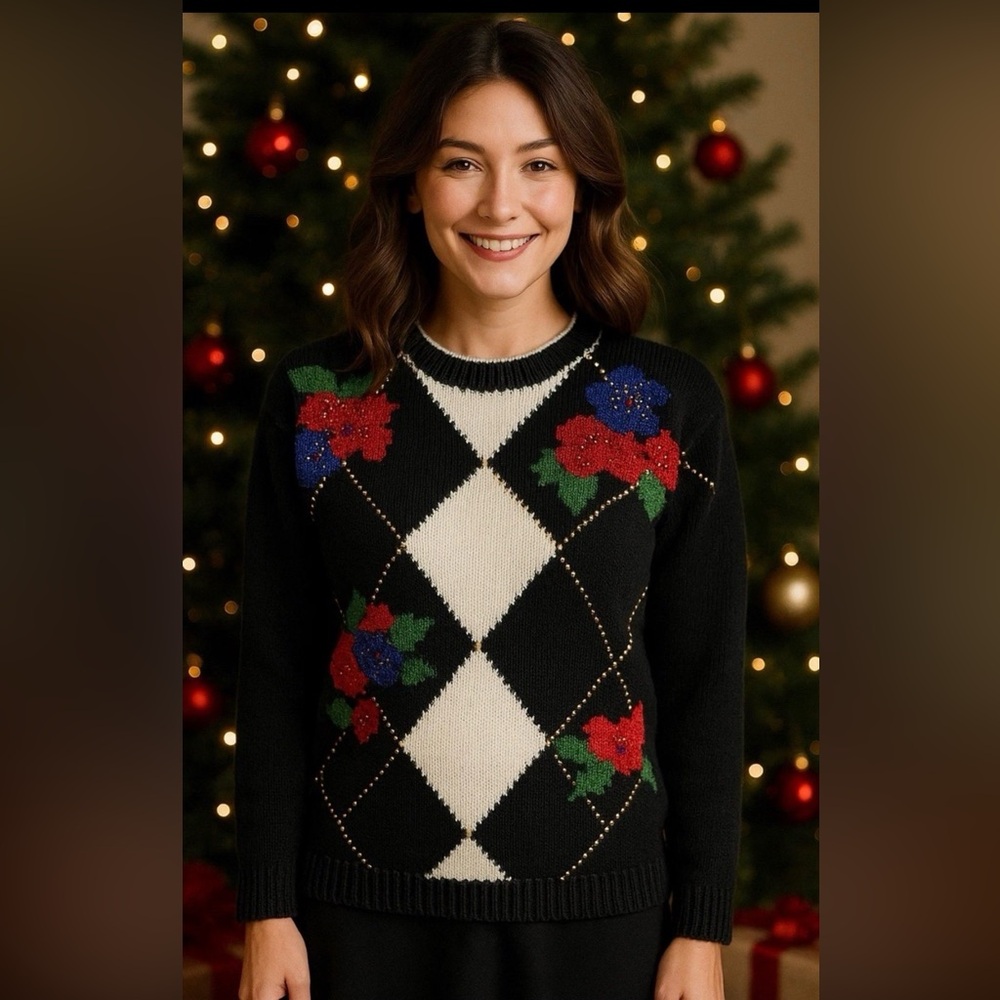 Vintage 80s Dana Scott Beaded Floral Argyle‎ Sweater S Black White Knit Holiday